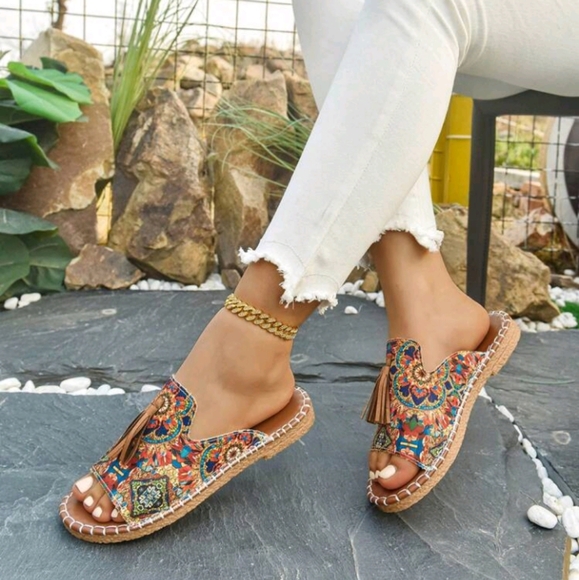 Women's Fringe Decor Flat Sandals, Beach Wet Water Slippers, Non-Slip Wear-Resis - Picture 1 of 4